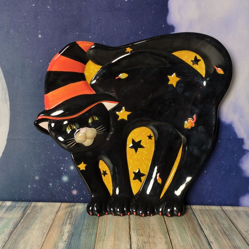 Susan Winget Black Cat Stars Halloween Witch Hat Ceramic Serving Platter 14"
